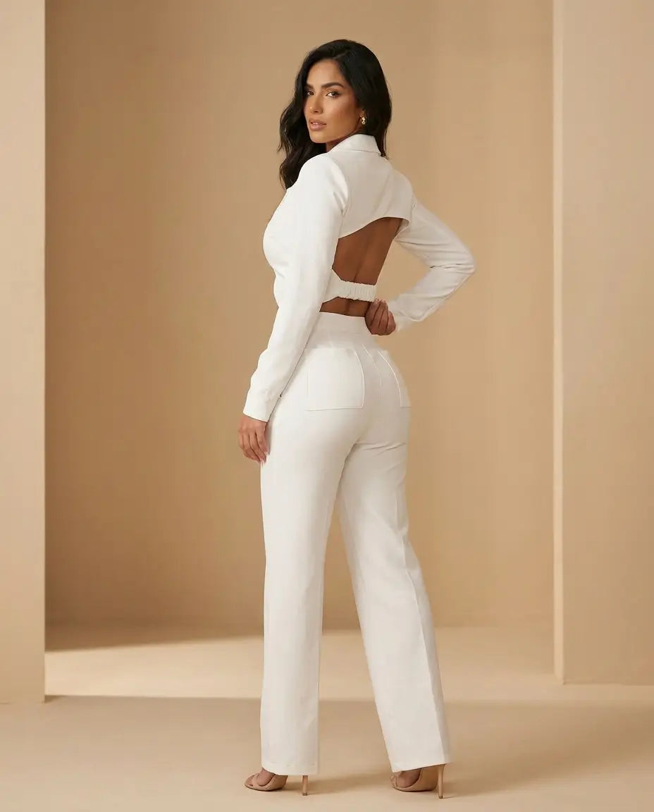Conjunto Sartorial Twist — Blazer Crop de Solapa y Pantalón Palazzo de Tiro Alto
