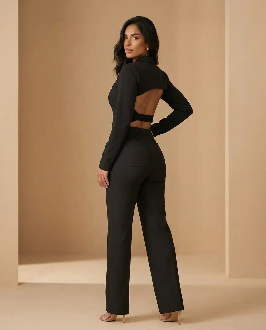 Conjunto Sartorial Twist — Blazer Crop de Solapa y Pantalón Palazzo de Tiro Alto