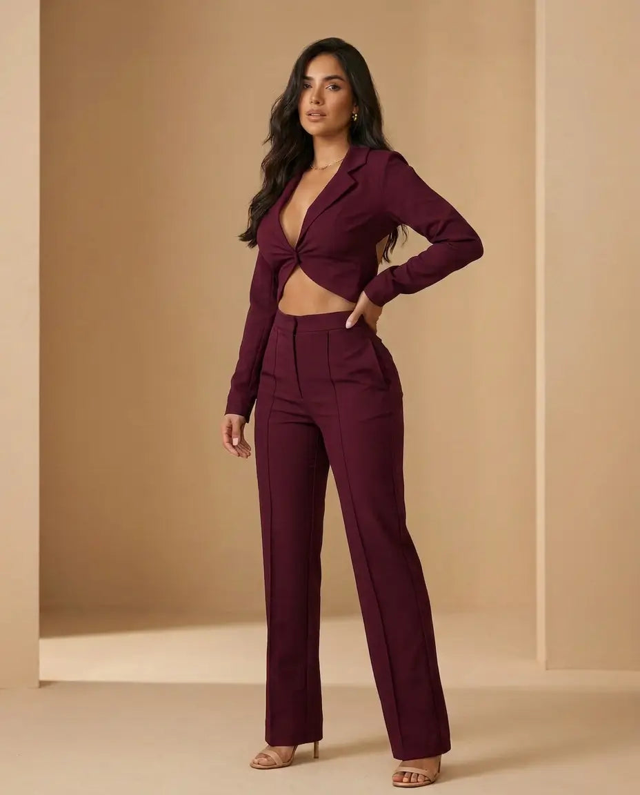 Conjunto Sartorial Twist — Blazer Crop de Solapa y Pantalón Palazzo de Tiro Alto