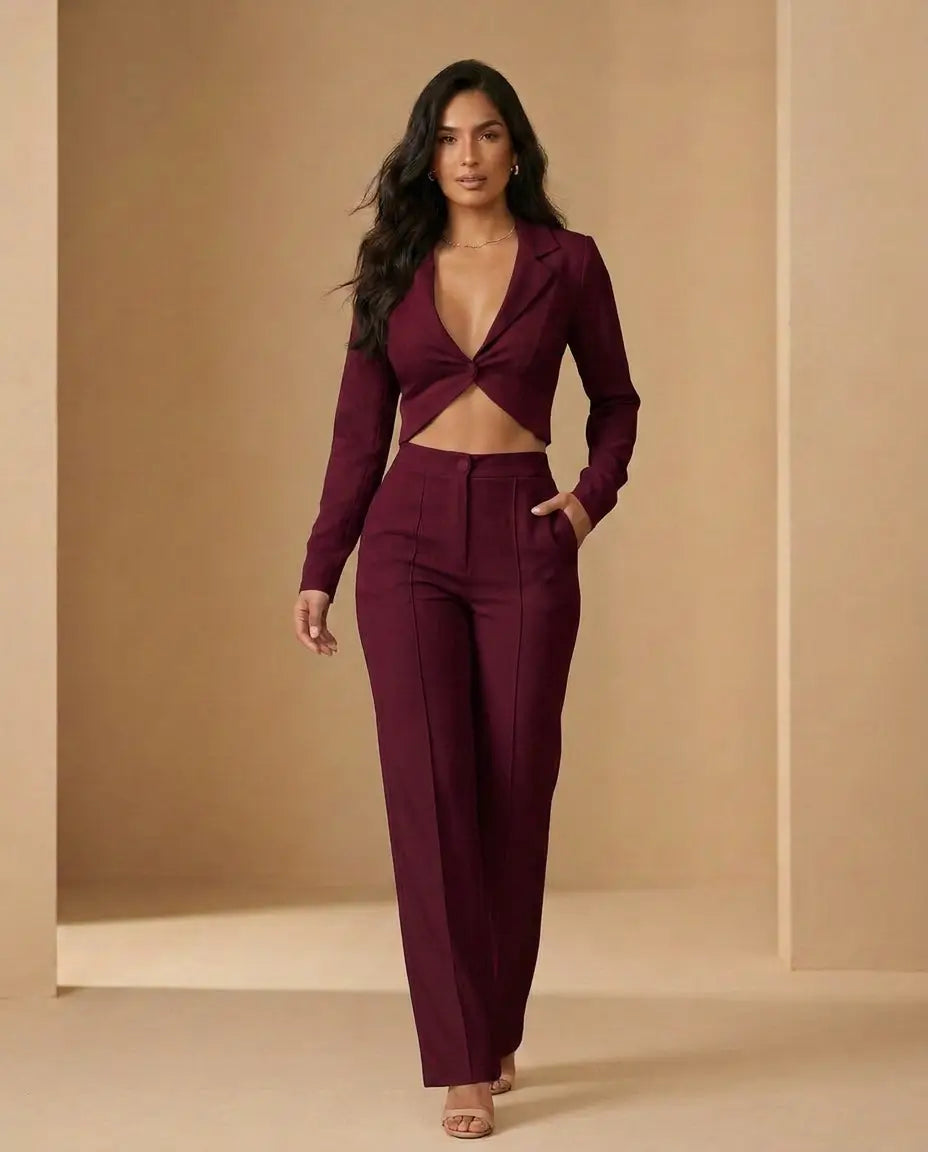 Conjunto Sartorial Twist — Blazer Crop de Solapa y Pantalón Palazzo de Tiro Alto